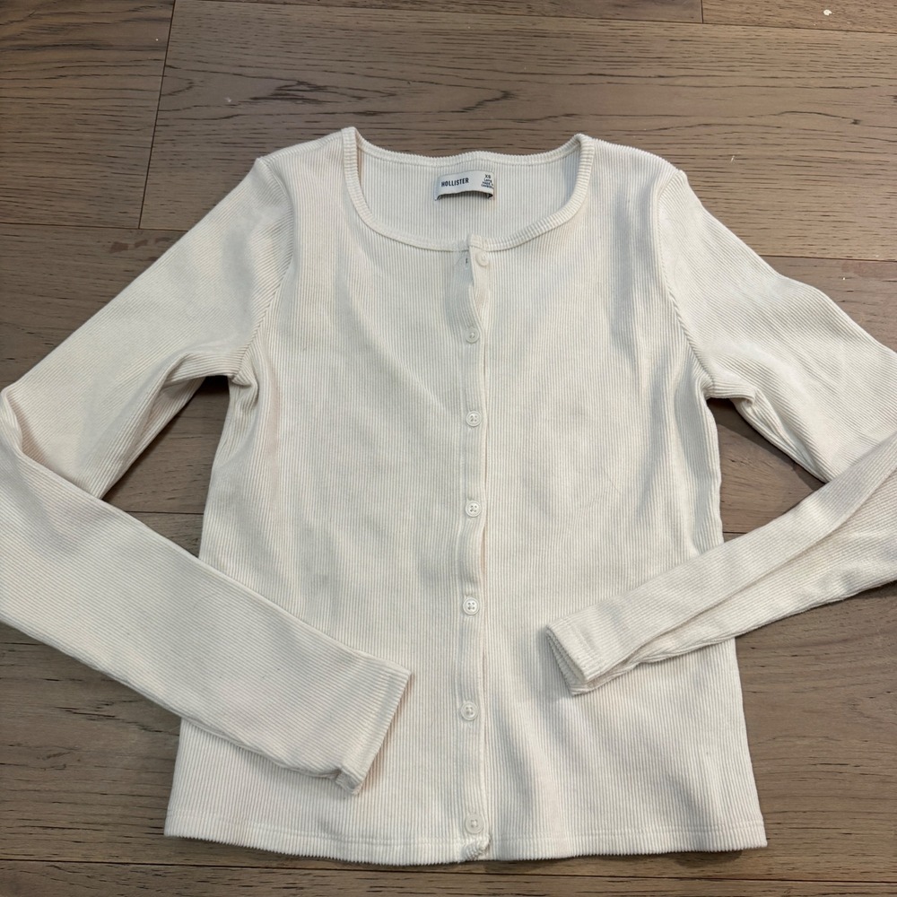 Hollister Womens XS Long Ribbed Knit Button Front‎ Cardigan Cream Off-White Top